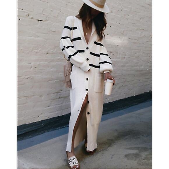 Shona Joy Maddison Balloon Sleeve Knit Dress Striped Long Button Down Cardigan S - Picture 1 of 14